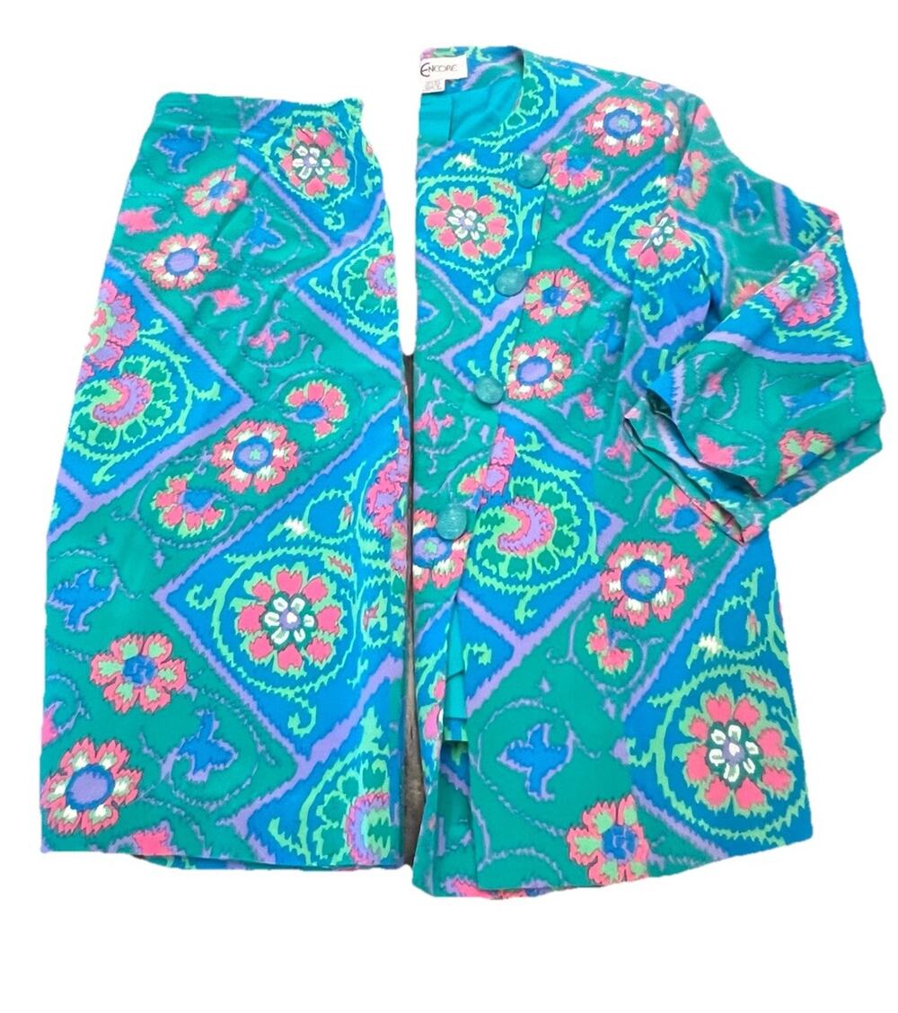 Vintage Encore Hong Kong 100% Silk Skirt Suit Set M 8-10 Teal Pink Floral
